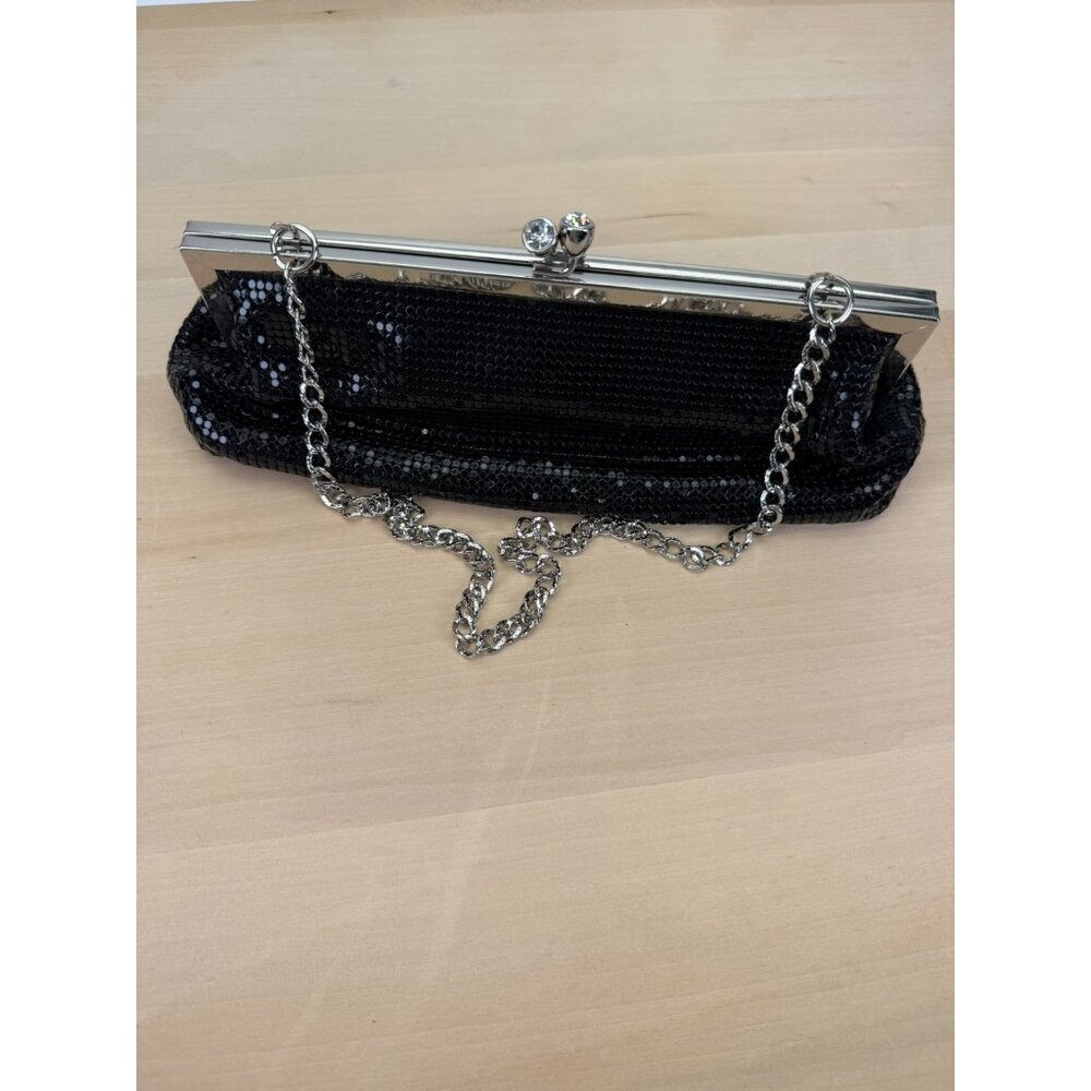White House Black Market Black Sequins Purse Cocktail Evening Kiss Lock Silver